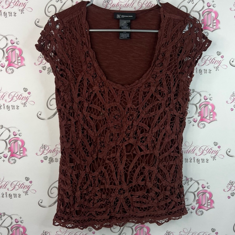 Inc international concepts tshirt crochet lace knit design Chocolate Lace Blouse